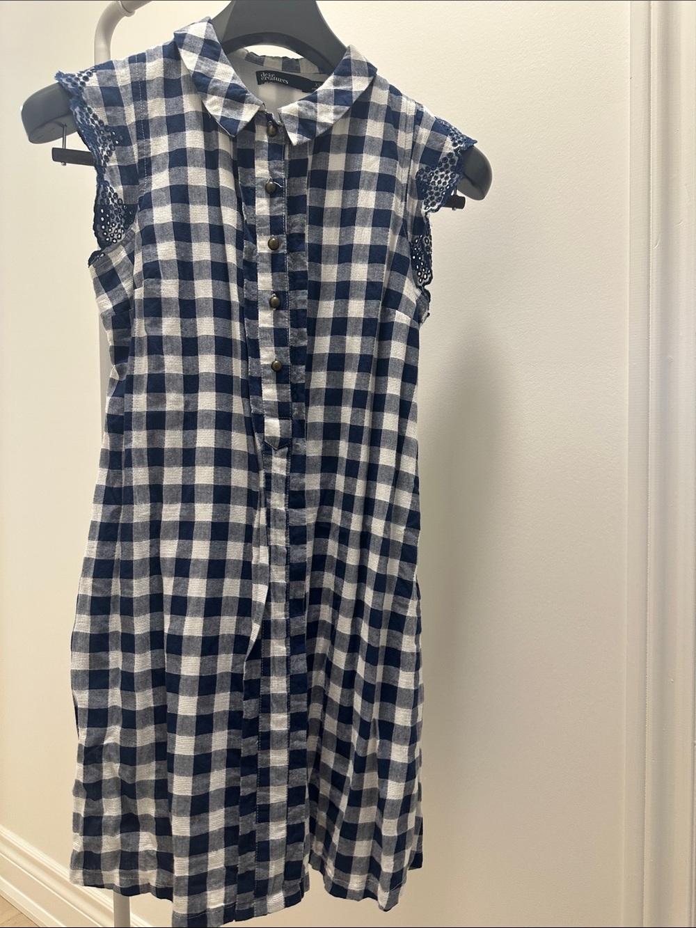 Girls Navy and White Gingham Button-Front Dress with side pockets